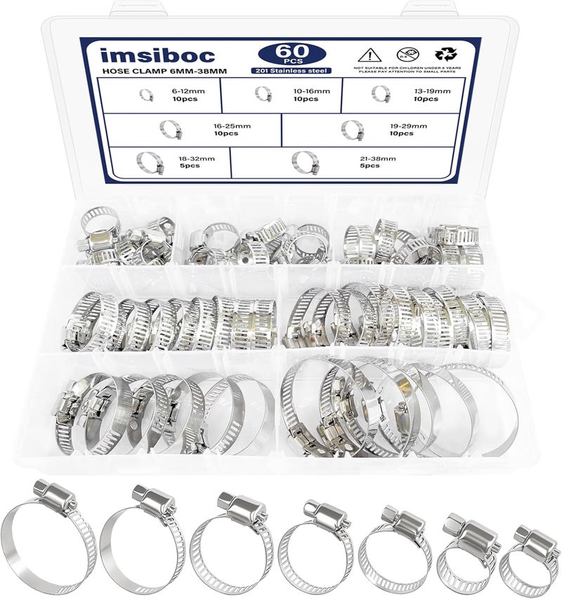imsiboc 201 Stainless Steel Hose Clamp Assortment Kit, 60PCS of 7 Adjustable Size 1/4''- 1-1/2'' (6-38mm) Worm Gear Metal Fuel Line Clamp for Plumbing, Automotive And Mechanical Applications - Image 1